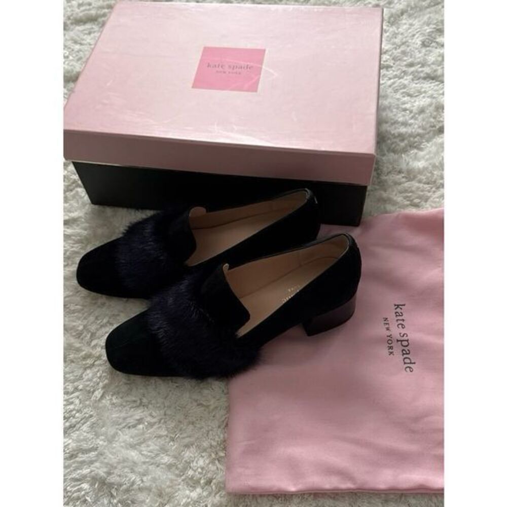 Kate Spade Faux Fur Block Mules Black Suede Gama size 7.5